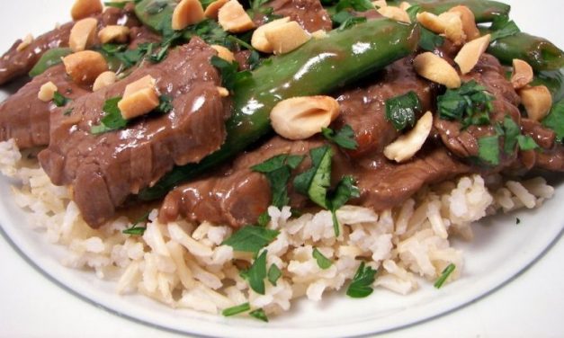 Spicy Beef and Snap Peas with Rice recipe